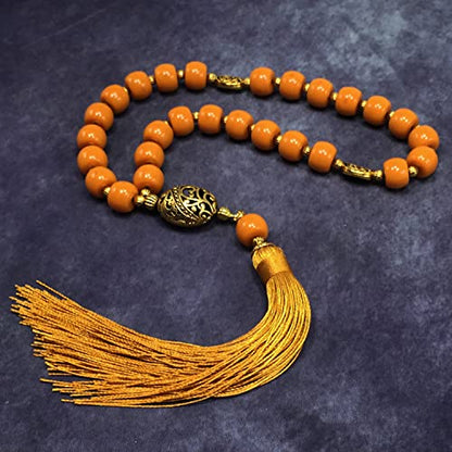 Mala Prayer Beads - Mala Necklace - Tibetan Mala Prayer Beads Meditation Beads Yoga Necklace - color: (POCKET MALA)-Dark Orange Resin Cylinder -13X9 mm- 27 Beads