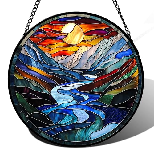 Stained Glass Window Hanging, Canyon Mountains Sunset View Sun Catcher for Window Home Decor Landscape Suncatcher Mother's Day Birthday Gifts for Women Men Mom and Nana 6.3 in - color: Blue, size: 6.3x6.3 IN