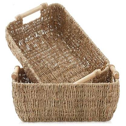 Casafield Set of 2 Seagrass Oval Storage Baskets with Wooden Handles - Large, Woven Bin Organizers