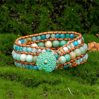 YGLINE Boho Handmade Natural Stone Bead 3 Row Wide Wrap Wrist Statment Bracelet Jewelry Collection - color: agate＆amazonite