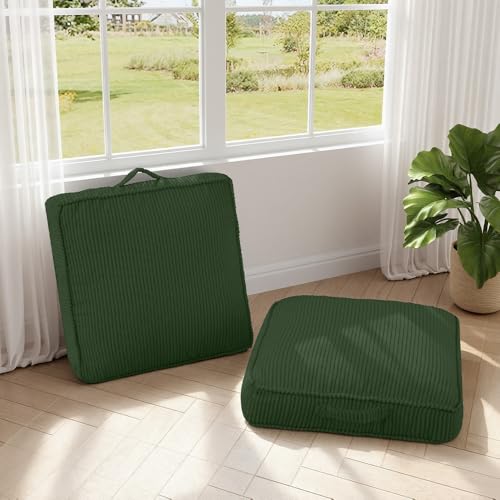 Floor Pillow for Adults Set of 2, 4" Square Floor Cushions with Washable Cover, Large Corduroy Meditation Pillow, 22 inches Tatami Seat with Handle for Living Room or Yoga, Green - color: Green, size: 22x22x4.2 inch