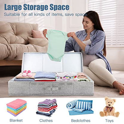 Underbed Storage Containers Bin with Lids, Large Under Bed Storage Organizer Box with Handle, Foldable Under the Storage Bags for Organizing Clothes, Shoes, Blankets, Pillows