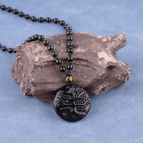 Black Obsidian Necklace Protection Pendant with Extended Bead Chain Healing Crystal Stone Amulet Necklace for Men Women - color: Tree of Life