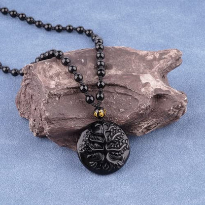 Black Obsidian Necklace Protection Pendant with Extended Bead Chain Healing Crystal Stone Amulet Necklace for Men Women - color: Tree of Life