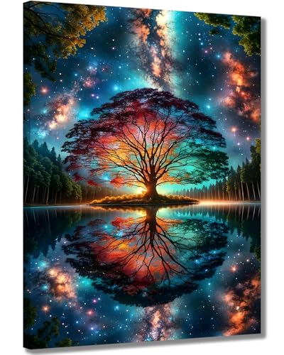 Colorful Tree of Life Canvas Wall Art, Fantasy Galaxy Starry Sky Landscape Painting with Lake Reflection, Mystical Nature Canvas Artwork, Waterproof Ready to Hang Wall Decor for Living Room Bedroom 12x16 16x24 - color: shengmingzhishu, size: 24"L x 16"W