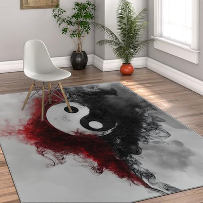 Abstract Yin Yang Area Rug 4x5 Japanese Style Black and Red Ink Art Washable Carpet for Home Meditation Room Yoga Space or Bedroom Decor
