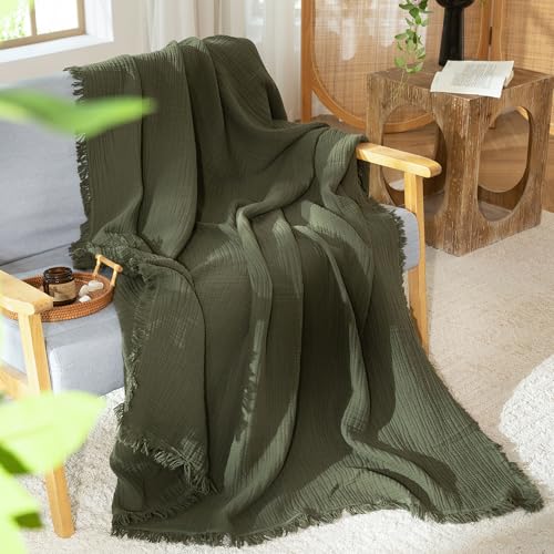 MooMee Muslin Blanket - 100% Cotton 4-Layer Gauze Throw Blanket with All-Around Fringe, Soft Breathable Lightweight Cooling Summer Blankets for Bed Couch (Olive Green,Throw XL 50" x 70") - color: Olive Green, size: Throw XL