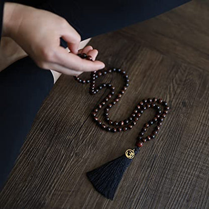 COAI OM Charm Hand Knotted Tassel 108 Mala Beads Necklace - color: Red Tiger Eye, size: 8mm