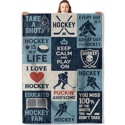 Hockey Player Flannel Blanket Blue White Motivational Quote Design Warm Lightweight Throw Blankets for Sofa Picnic Travel and Gathering Decorate All Season Use Sport Lovers Gifts 40x50in - color: Hockey Player, size: 40x50 Inch