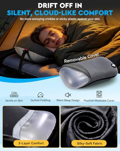 Hikenture Camping Pillow with Removable Cover - Ultralight Inflatable Pillow for Neck Lumbar Support - Upgrade Backpacking Pillow - Washable Travel Air Pillows for Camping, Hiking, Backpacking - color: Black