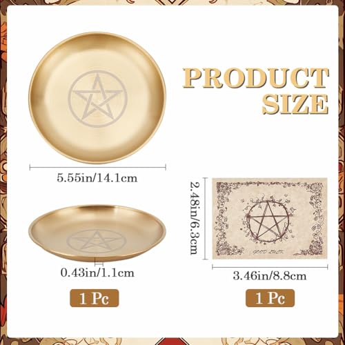CREATCABIN Pentagram Altar Plate Star Tarot Plate Ritual Burning Candle Holder Plate Bowls Offering Incense Burning Flat Bowl with Altar Card Tarot Supplies for Witchcraft Wiccan Golden 5.55 Inch - style: Pentagram