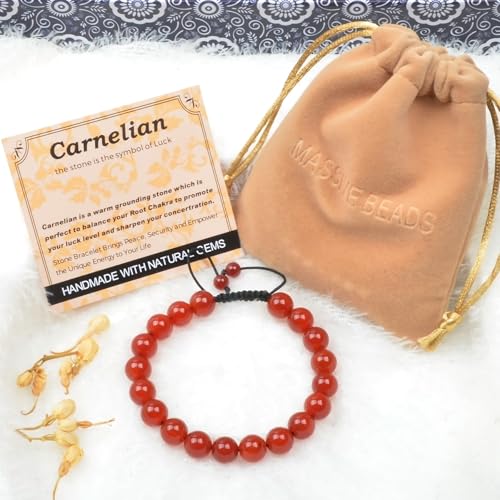 MASSIVE BEADS Handmade Yoga Natural Stone Crystal Healing Power Energy Gifts for Unisex Adult Bracelet Macrame Adjustable - color: Carnelian(Luck), size: 10mm