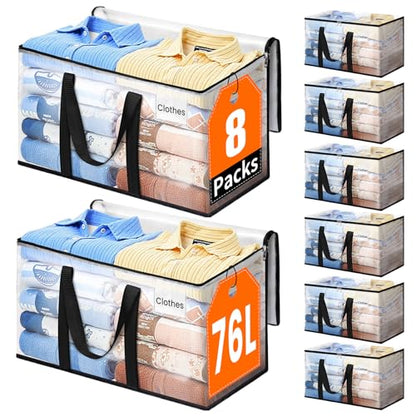 Extra Large Heavy Duty Moving Bags, Storage Bags with Strong Zippers & Handles, Packing Bags for Moving Essentials, Ideal Storage Tote for Home, Dorm & Storage Solutions, 76L, 8 Packs, Clear - size: 76L