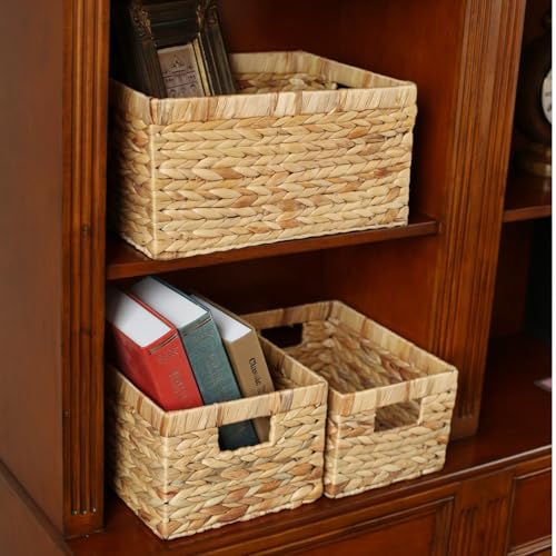 Woven Natural Water hyacinth Rectangular Storage Baskets with inside Handle,Kingwillow(Large) - size: Large