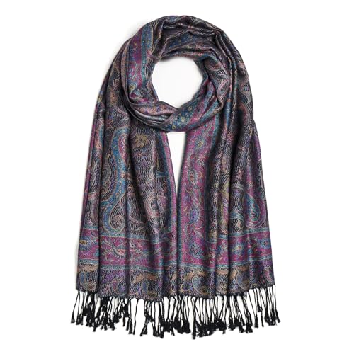 QIUTIMIY Paisley Pashmina Shawls and Wraps for Women Reversible Jacquard Festival Rave Pashmina Scarves with Fringe Vintage - color: Flower11-black