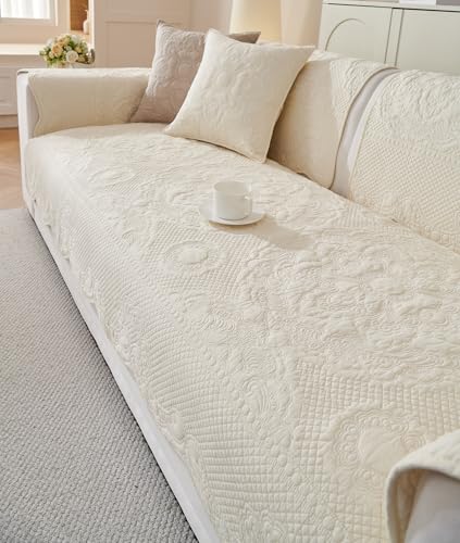 vctops Boho Cotton Quilted Couch Cover Soft Embroidered Sofa Cover Non-Slip Dog Bed Cover Scalloped Sofa Slipcover Washable Furniture Protector Cover (Cream,28"x70") - color: Cream, size: 1pc/28"x70"/Rectangular