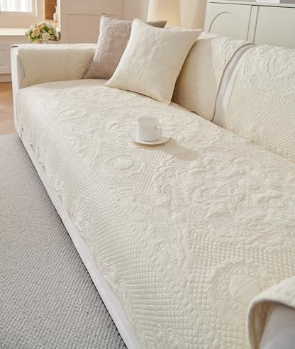 vctops Boho Cotton Quilted Couch Cover Soft Embroidered Sofa Cover Non-Slip Dog Bed Cover Scalloped Sofa Slipcover Washable Furniture Protector Cover (Cream,28"x70") - color: Cream, size: 1pc/28"x70"/Rectangular