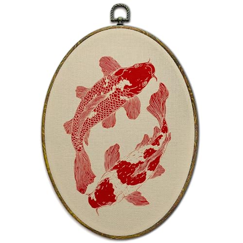 XFCICRLJ Japanese Red Koi Fish Wall Art Decor, Maximalist Oriental Asian Koi Fish Oval Canvas Prints Framed, Japanese Wall Art Decorations for Home Bedroom Living Room Decor, 11x8.5 Inch - color: Koi fish