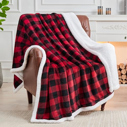 BEDELITE Sherpa Fleece Blanket - Black and Red Buffalo Plaid Christmas Blanket, Super Soft Cozy Warm Thick Winter Throw Blankets for Couch and Bed, 50" x 60" - color: Red Black Sherpa, size: Throw(50"x60")