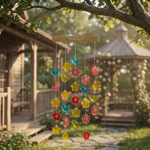 Topadorn Solar Glass Wind Chime with LED Light, Colorful Bird Star Suncatcher Hanging Wind Chime for Outdoor Garden & Patio Decor - color: Yellow