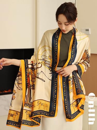 Large Shawl Scarf For Women Lightweight Wraps Silky Headscarf Long Sunscreen Scarfs - color: T26 Golden Carriage Chain / 70"x 35"