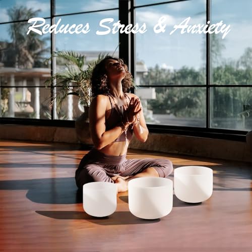 CVNC Crystal Sound Healing Bowl of 3, 7'' B Crown 8'' F Heart 9'' G Throat Crystal Singing Bowl Set, Chakra Quartz Sound Bowls with Carry Bags - size: 7 inch B, 8 inch F, 9 inch G