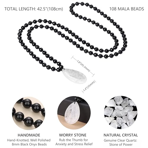 COAI Thumb Worry Stones Necklace for Men Women, Handmade 108 Mala Beaded Necklace for Women Men 8MM - style: Onyx & Clear Quartz