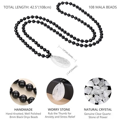 COAI Thumb Worry Stones Necklace for Men Women, Handmade 108 Mala Beaded Necklace for Women Men 8MM - style: Onyx & Clear Quartz