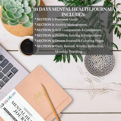 Mental Health Journal, 91-Day Self Care Journal for Women Men, Guided Anxiety & Stress Relief Journal with Mood Tracker, Cognitive Behavioral Therapy Journaling with Mental Health Coloring Pages & Dream Log - color: Pink