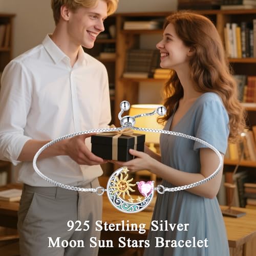925 Sterling Silver Moon and Sun Star Adjustable Link Bracelet for Women with 12 Month Birthstone Birthday Jewelry - style: 10 - Oct.
