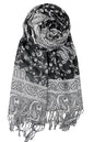 Achillea Reversible Paisley Pashmina Rave Scarf – Exotic Indian Shawls and Wraps for Evening Dresses, Festivals, All Seasons - color: Black White