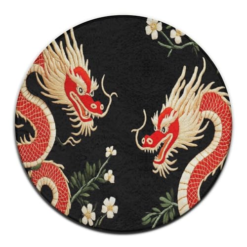 Soft Round Yoga Carpet, Large Home Decor Mat, Non-Slip Machine Washable Kitchen Office Circle Rug Compatible with Floral Chinese Japanese Dragon Flower - color: Color49, size: 24inch(60cm)