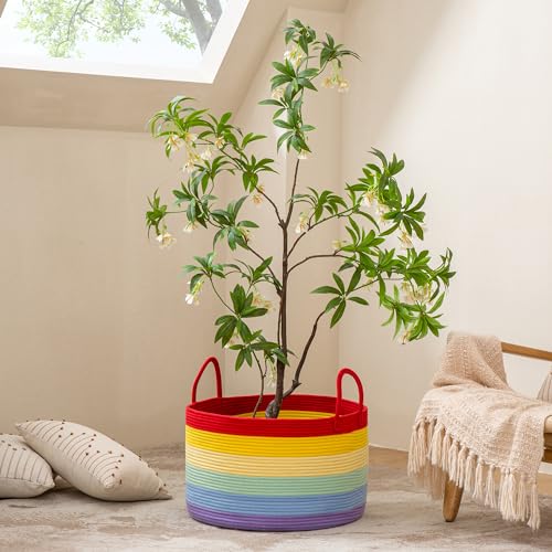 KAKAMAY Large Blanket Basket (20"x13"),Woven Baskets for storage Baby Laundry Hamper, Cotton Rope Blanket Basket for Living Room, Laundry, Nursery, Pillows, Baby Toy chest (Rainbow) - color: Rainbow