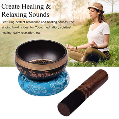 Tibetan Singing Bowl Set with 9.5cm/3.7inch Handmade Metal Sound Bowl & Soft Cushion(Random Color Delivery) & Wooden r for Meditation Sound Chakra Healing Yoga Relaxation