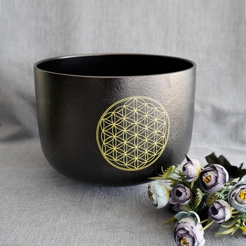 8" C Note Flower of Life Black Crystal Singing Bowl Frosted Quartz Root Base Chakra Meditation Sound Healing with Suede Striker O-ring - size: 8 inch C NOTE