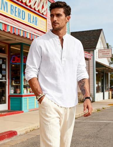 Men's Linen Shirts Henley T-Shirts Long Sleeve Casual Beach T-Shirts Solid Tops Shirts for Men - color: White, size: Large