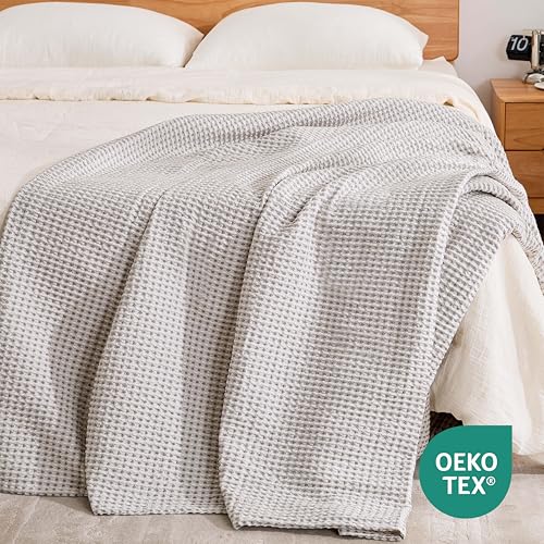 Lightweight Cotton Waffle Blanket Twin Size, Modern Two-Tone Check Pattern, Soft & Breathable for Bed, Couch, Sofa, All Seasons –Gray/White, 60"x80" - color: Gray/White, size: Twin