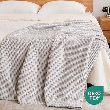Lightweight Cotton Waffle Blanket Twin Size, Modern Two-Tone Check Pattern, Soft & Breathable for Bed, Couch, Sofa, All Seasons –Gray/White, 60"x80" - color: Gray/White, size: Twin