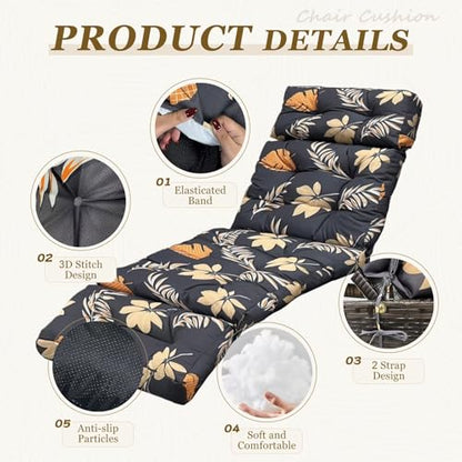 Outdoor Chaise Lounge Chair Cushion 75.1 x 23.6 x 4.7in, Waterproof Replacement Cotton Patio Thickened Pool Lounge Chair Cushion with Ties for Patio Outdoor Furniture,Autumn Leaves - color: Autumn Leaves