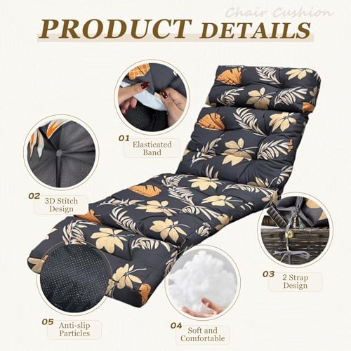 Outdoor Chaise Lounge Chair Cushion 75.1 x 23.6 x 4.7in, Waterproof Replacement Cotton Patio Thickened Pool Lounge Chair Cushion with Ties for Patio Outdoor Furniture,Autumn Leaves - color: Autumn Leaves