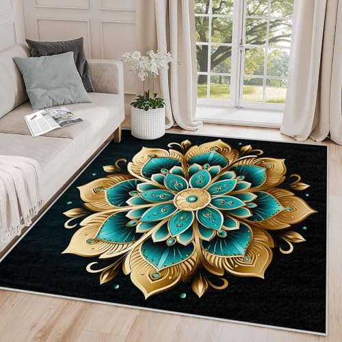 Mandala Rug 3x5 - Mandala Rug, 8x10 Rug, Bohemian Geometric Meditation Yoga Area Rug, Teal and Gold Floral Carpet, Washable & Non Slip & Soft Large Rugs, Mandala Home Decor - color: Teal Gold Black, size: 8' x 10' (Rectangular)