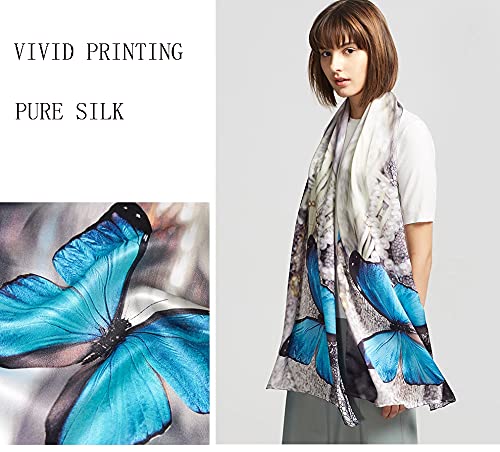 100% Mulberry Silk Long Scarf for Women Large Shawls for Headscarf and Neck- Oblong Hair Wraps with Gift Packed - color: Blue Butterflies
