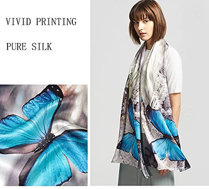 100% Mulberry Silk Long Scarf for Women Large Shawls for Headscarf and Neck- Oblong Hair Wraps with Gift Packed - color: Blue Butterflies