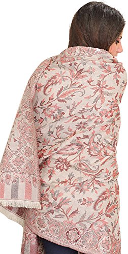 Exotic India Women Reversible Jamawar Wool Shawl with Woven Flowers | Ethnic Beautiful Floral Weave Stole, Dupatta - color: Moonbeam