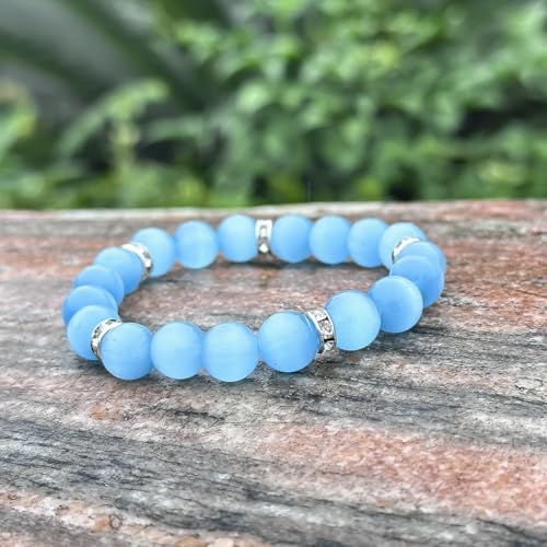 Healing Bracelet For Women Anxiety Crystal Bracelet Chakra Beaded Bracelets Rose Quartz Crystals And Healing Stones Yoga Bead Bracelet Calming Stretch Bracelet Stress Relief Gifts For Women - color: Marine Blue-Cat Eye