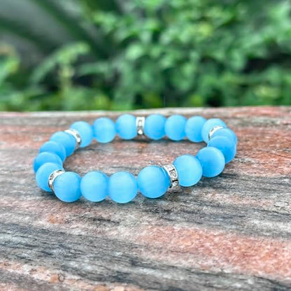 Healing Bracelet For Women Anxiety Crystal Bracelet Chakra Beaded Bracelets Rose Quartz Crystals And Healing Stones Yoga Bead Bracelet Calming Stretch Bracelet Stress Relief Gifts For Women - color: Marine Blue-Cat Eye