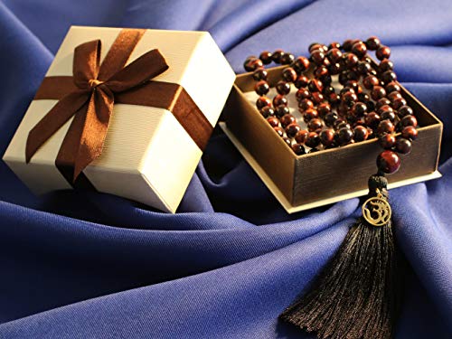COAI OM Charm Hand Knotted Tassel 108 Mala Beads Necklace - color: Red Tiger Eye, size: 8mm