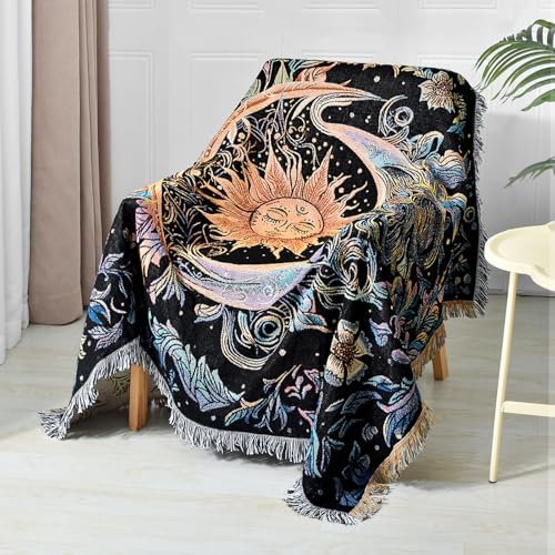 Boho Throw Blanket Reversible Cotton Bohemian Tapestry Hippie Room Decor Outdoor Blanket Double Sided (Boho Sun Black 50"x60") - color: Boho Sun 2, size: 50*60 inch