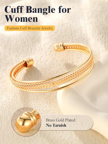 U7 Unisex Simple Cuff Bracelet 18K Real Gold Platinum Plated Fine Bracelets Fashion Jewelry Open Bangle Cuff Bracelets, Twisted or Heart Style - color: G.Elegant Cuff-Gold