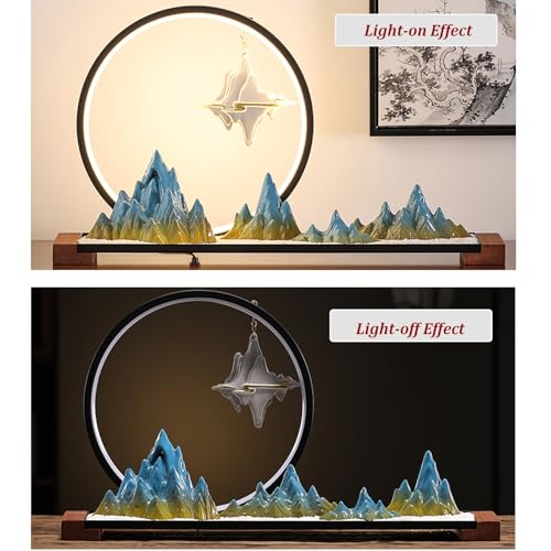 Landscape Desktop Decoration with LED Light Ring and backflow Incense Burner, Artificial Rockery Landscape on Solid Wood Base, Zen-Inspired Interior Decoration